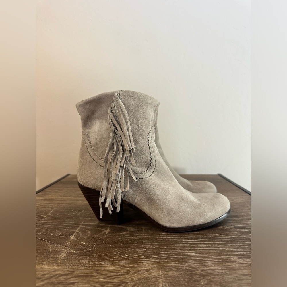 Sam Edelman “Louie” Suede Fringe Ankle Booties - Light Gray